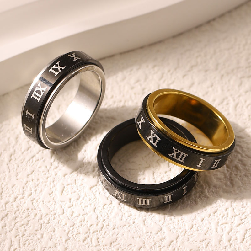 Cross-border Hot Selling Roman Numerals Titanium Steel Ring Rotatable Stainless Steel Creative Ring New Student Personality All-match