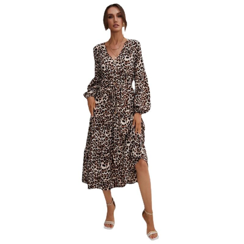 Vintage Leopard Print Long Sleeve Dress Ruffled Hem Mid Length Elegant Style Wholesale Availability