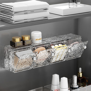 Bathroom Storage Box Cotton Swab Box Wall-Mounted Punch-Free Transparent Lipstick Flip-Top Mirror Cabinet Storage Dust-Proof Storage Box