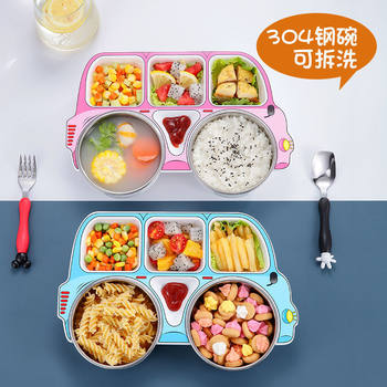 304 Stainless Steel Kidsren's Dinner Plate Compartment Household Anti-Fall Kindergarten Eating Plate Anti-Scalding Tableware Set Food Bowl