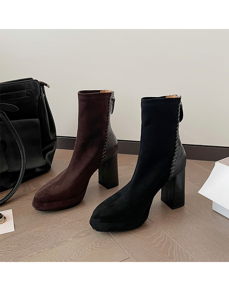 Boot nữ mũi nhọn gót thô cao 9cm cổ ngắn ôm chân phối da cừu — Lớp lót đơn màu đen, Lớp lót đơn màu nâu, Lót nhung đen, Lót nhung màu nâu