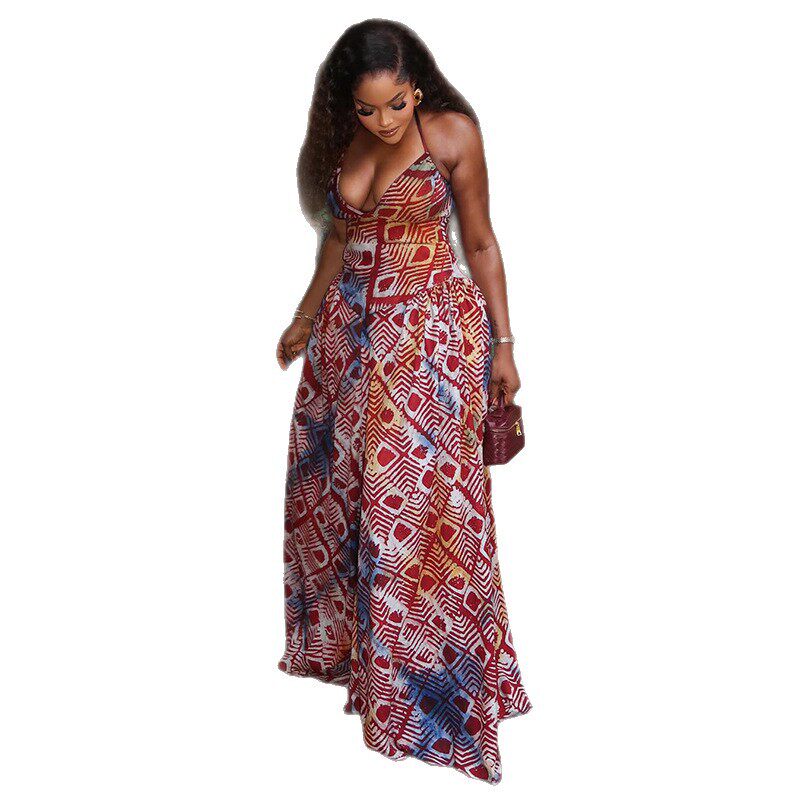Womens A Line Dress Color Block Floral Print Halter Neck Backless Slim Fit for Casual Outings Wholesale Available