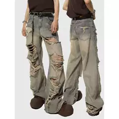 High Street Distressed Straight Leg Ripped Jeans for Men and Women - Vintage Earth Tone Slimming Draped Style