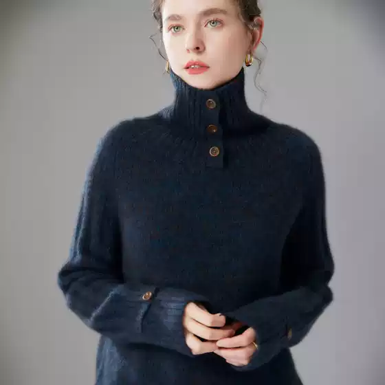 Conbaolai Yarn ~75% Cashmere 25% Mulberry Silk Turtleneck Loose Heavy Knit Sweater for Women