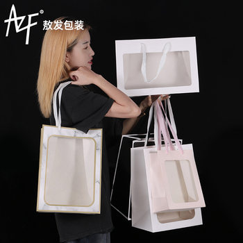 in stock Wholesale Transparent Window Bag Valentine's Day Flowers Gift Packaging Gift Bag Window Opening Gift Portable Packaging Bag