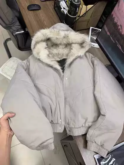 American-Style Cleanfit Furry Hooded Jacket Cotton Coat for Men and Women, Winter Thickened Short Workwear Jacket