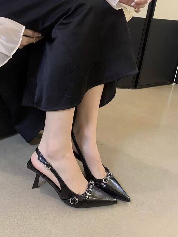 Tweed Style Black Patent Leather Pointed Toe Special-Shaped High-Heeled Shoes 2024 Spring New Supermodel Same Fashion Sandals