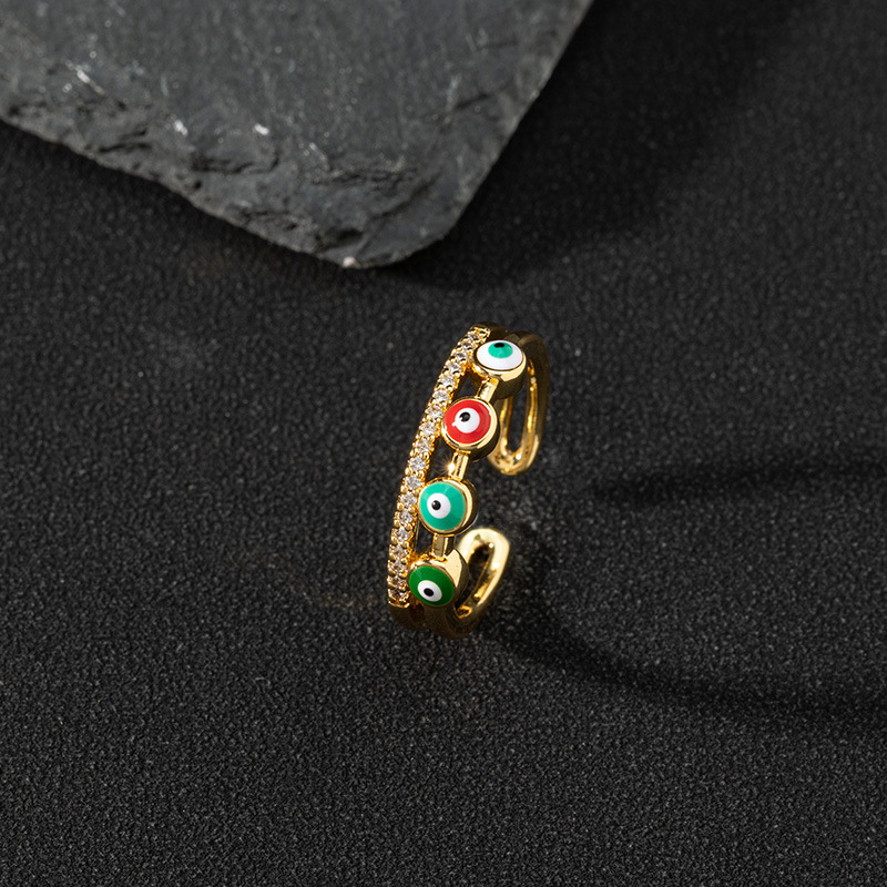 欧美跨境饰品货源铜锆石珐琅滴油戒指女邪恶之眼复古尾戒开口戒子