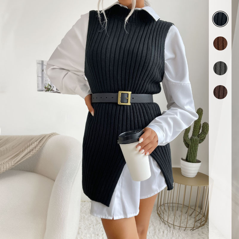 Sleeveless Long Knit Vest Solid Color Side Slit Autumn Fashion Womens Casual Wear Wholesale Available