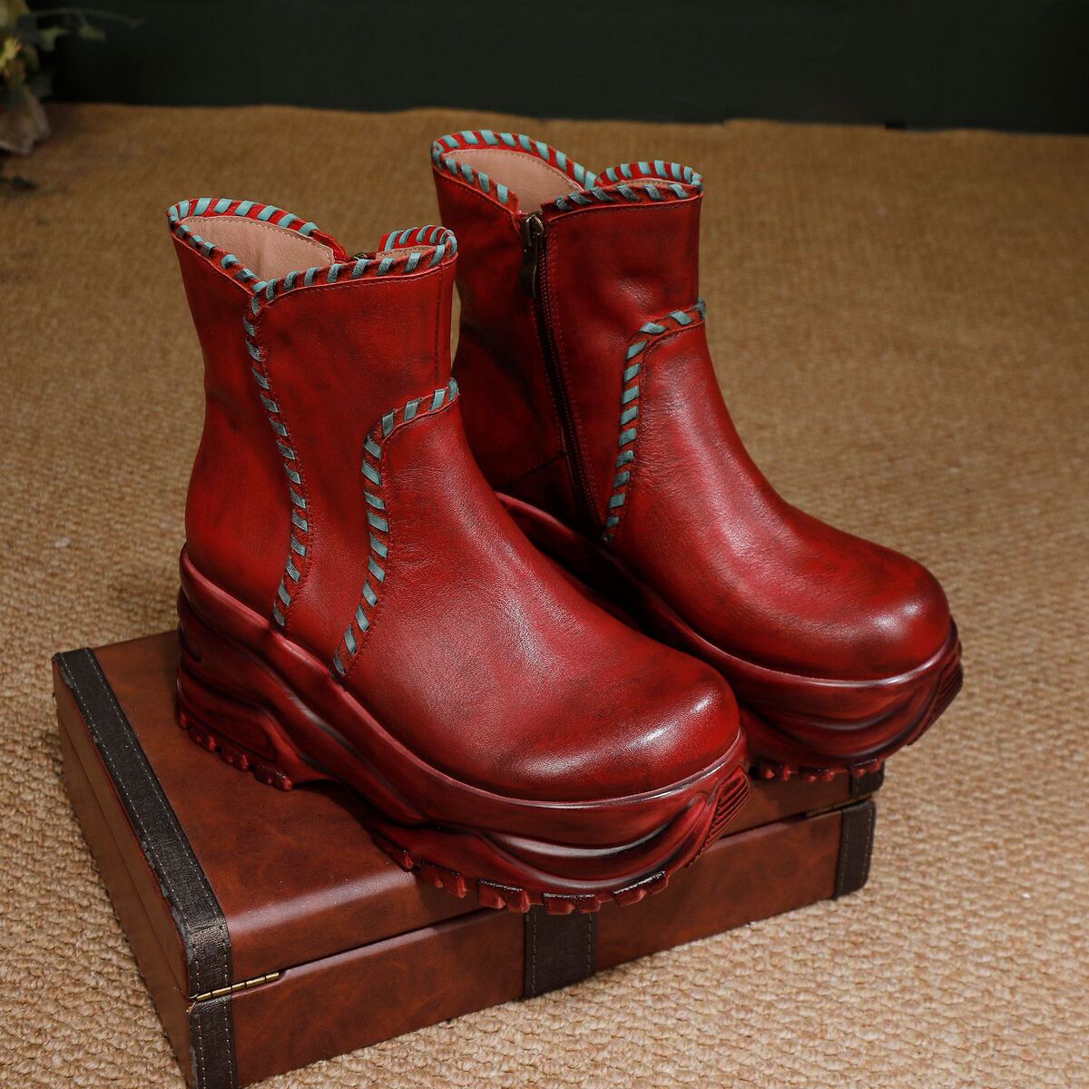 Boot nữ cổ thấp da bò thật đế dày phối màu phong cách cổ điển — màu xám, Rượu vang đỏ