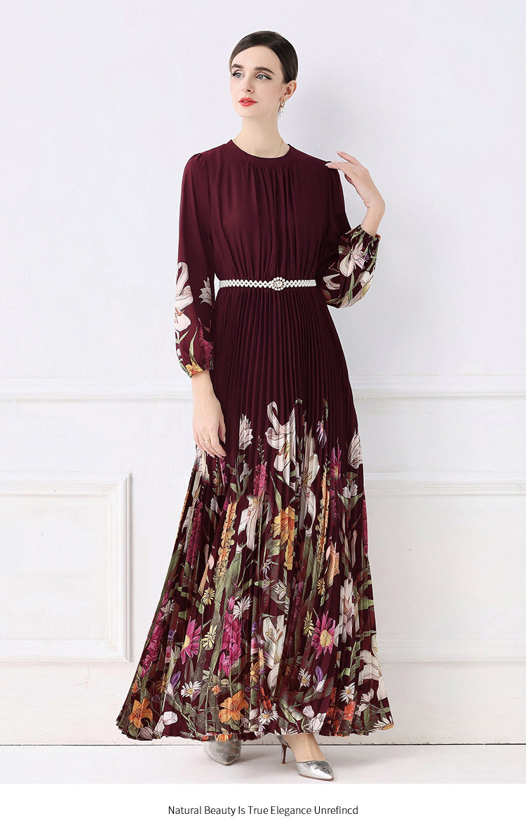 Elegant French Style Womens Dress High End Aesthetic Waist Tie Design Fashionable Floral Print Pleated Long Skirt