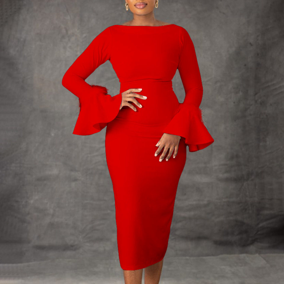 Fashionable Solid Color Bodycon Dress with Flared Sleeves Womens Winter Collection Office Wear Wholesale Available