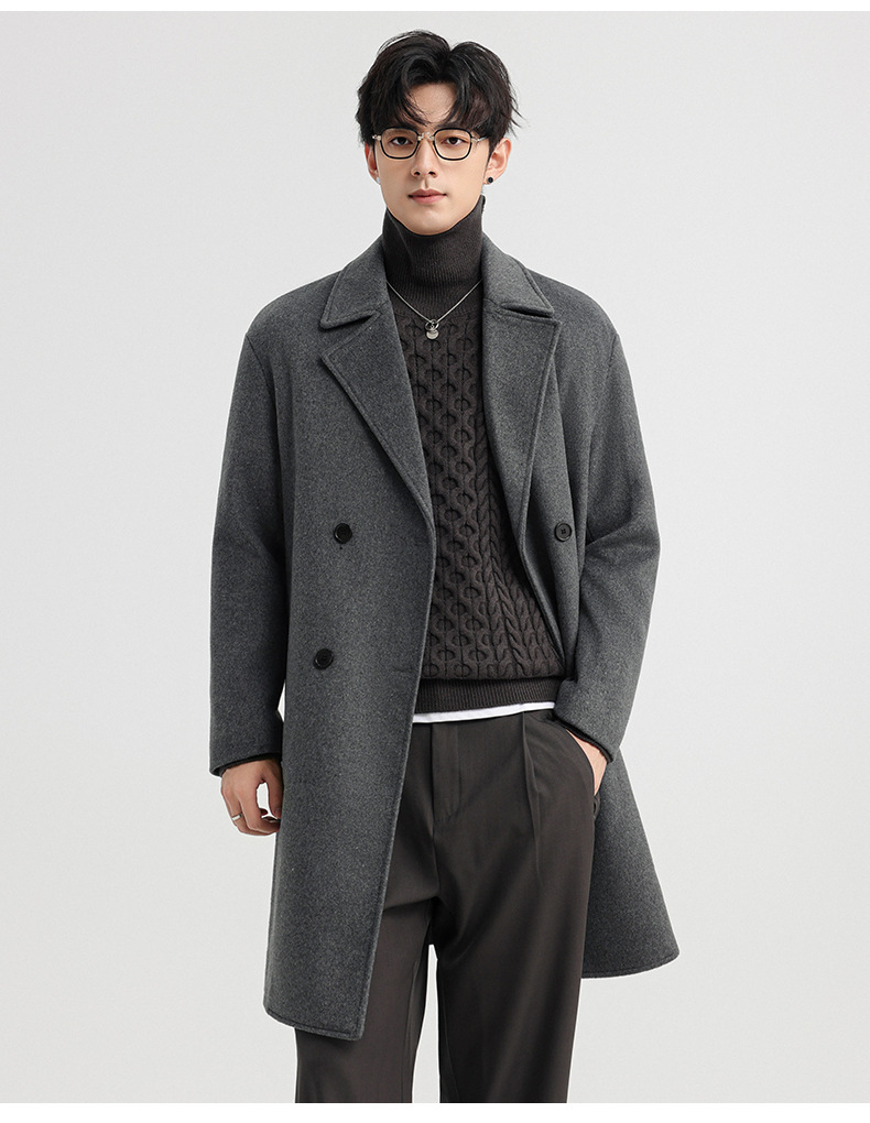 Áo khoác dạ len cashmere nam dáng dài hai hàng khuy mùa đông — Màu Xám (không bao gồm áo vest), Cà phê đậm (không bao gồm áo vest), Cà phê đậm (có áo VEST), Màu đen (có áo VEST)