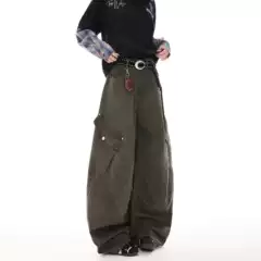 Green American-Style Vintage Work Pants with Pockets, Loose Wide-Leg Design for Women, Spring Collection