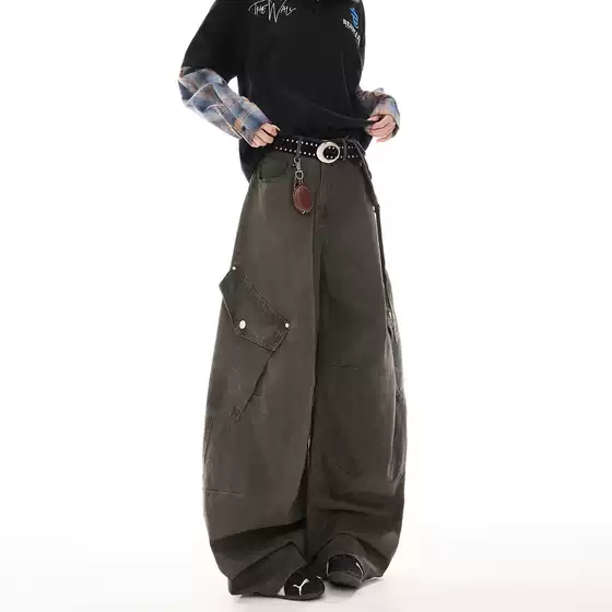 Green American-Style Vintage Work Pants with Pockets, Loose Wide-Leg Design for Women, Spring Collection