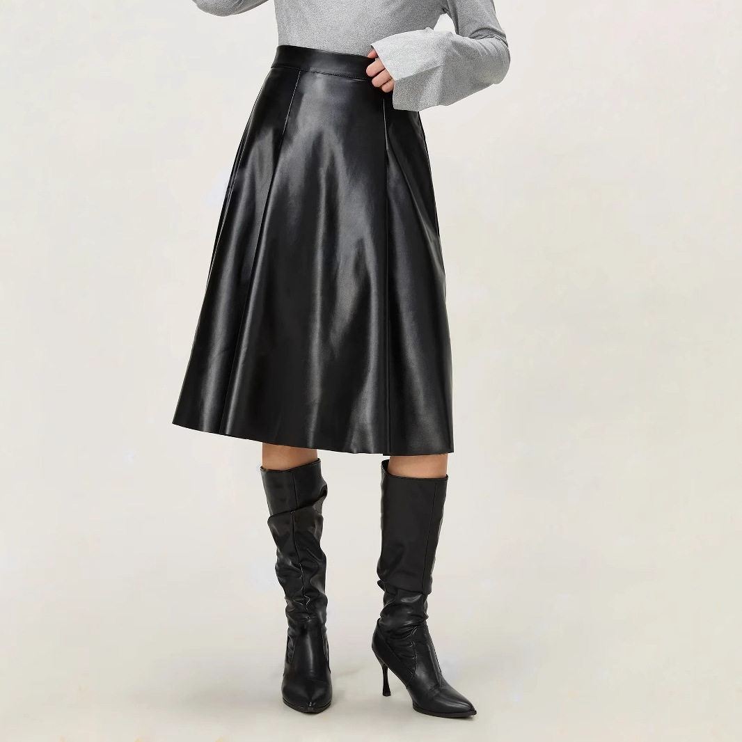 Vintage Inspired PU Midi Skirt Casual Flared Design Comfortable Fit Perfect for Everyday Wear Wholesale Available