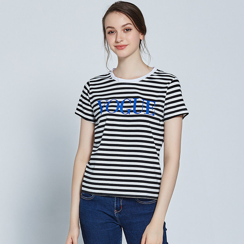Womens Cotton Short Sleeve T Shirt Floral Stripe Print Soft Loose Fit Spring Summer Fashion Top Wholesale Available