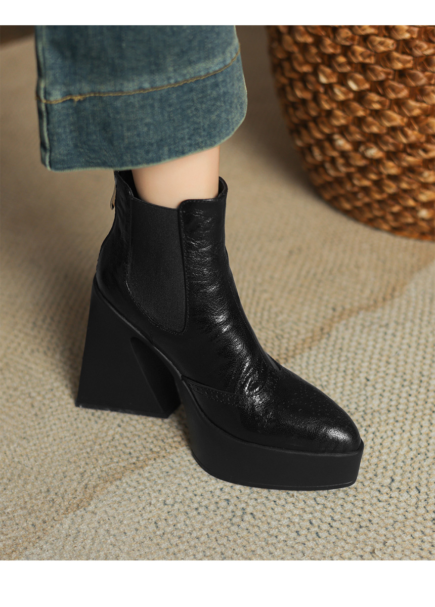 Boot nữ cổ thấp gót thô mũi nhọn phong cách Chelsea — Màu đen lót một lớp, Màu đen lót nhung, Màu nâu lót một lớp, Màu nâu lót nhung