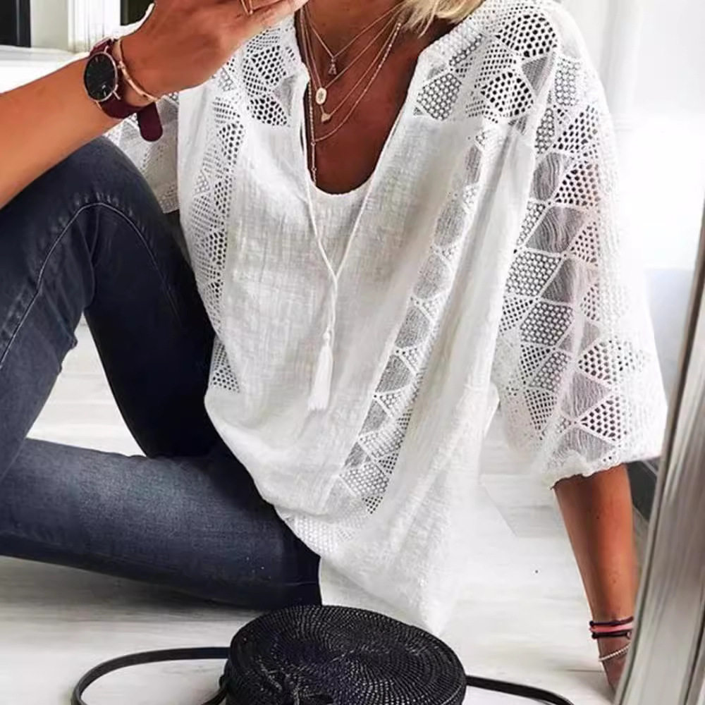 Lace Top Hollow Out Design U Neck Three Quarter Sleeve Casual Wear for Women Wholesale Available