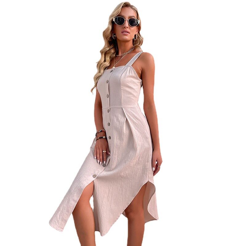 Summer Casual Solid Color Sleeveless Dress Slim Fit Asymmetrical Design Cotton Linen Blend Perfect for Beach or Party