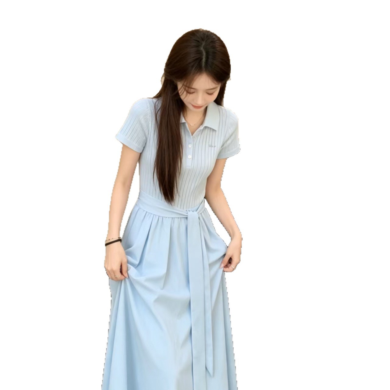 法式蓝色polo领连衣裙子女夏季2026新款小个子巨好看气质收腰长裙