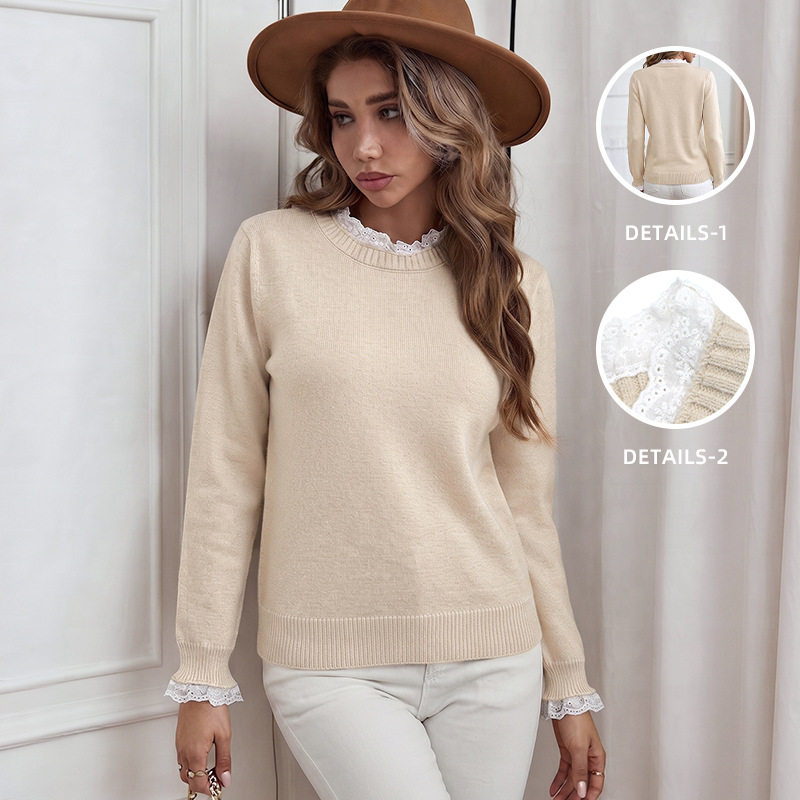 Lace Trimmed Round Neck Sweater French Style Soft Fabric Solid Color Womens Fashion for Spring Fall Wholesale