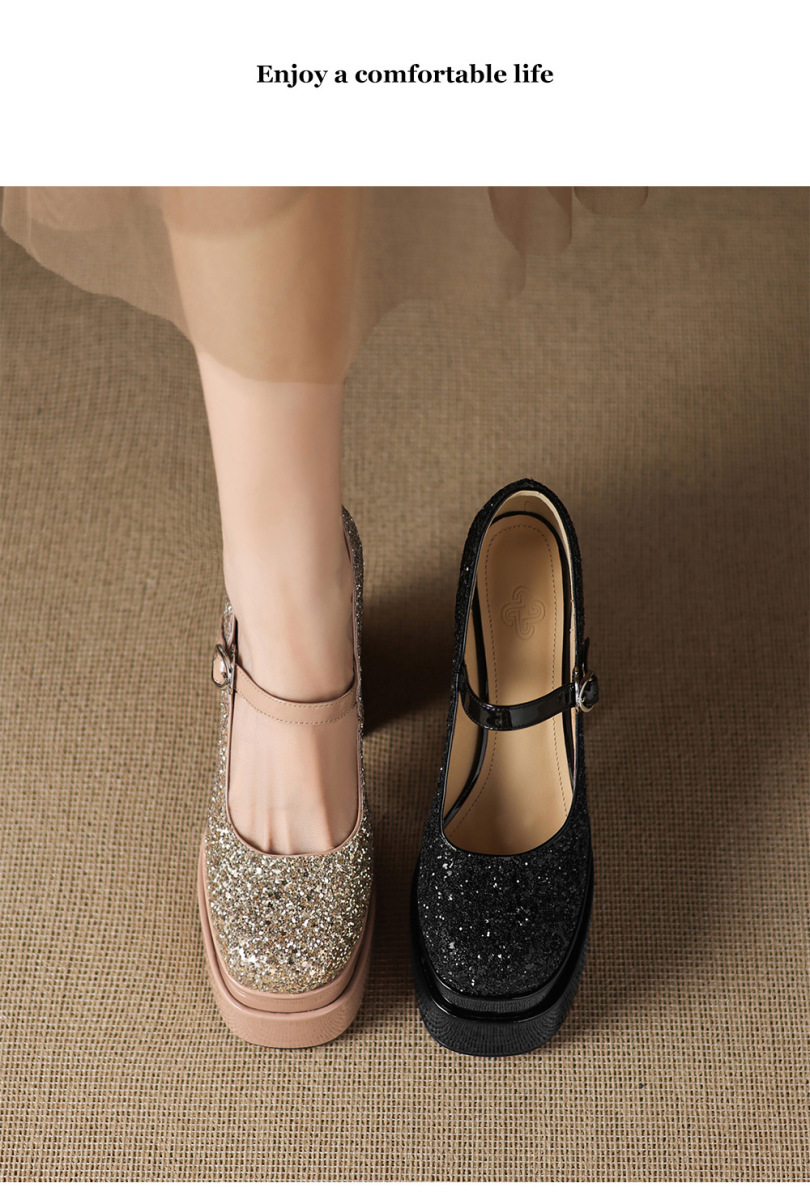Giày cao gót mũi vuông đính sequin quai ngang đế xuồng — Màu đen, Màu sâm panh