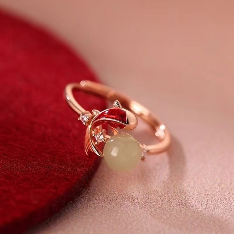 新中式玉见锦鲤戒指女滴胶金鱼素圈食指戒简约百搭民族风开口指环