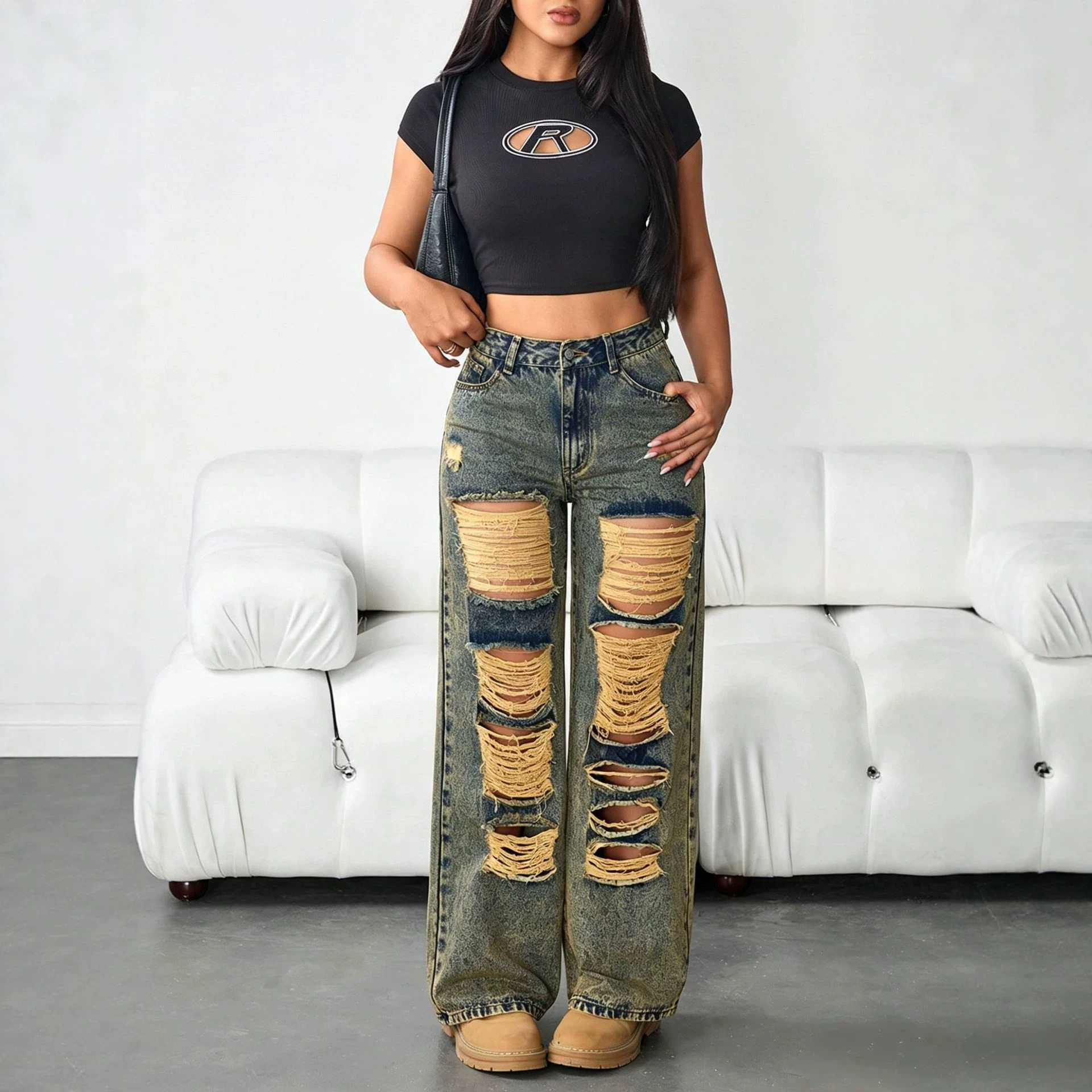 Vintage Distressed Wide Leg Womens Jeans Loose Fit Casual Style Perfect for Everyday Wear Ready to Ship