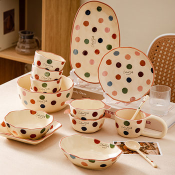 Ins Style Polka Dot Ceramic Classic Set Bowl Plate Meal Creative Rice Bowl Noodle Bowl Dish Plate Home High Value