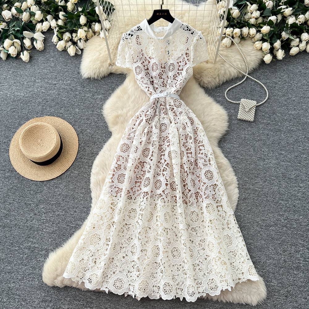 Lace Hollow Out A Line Dress Sweet Design High Waist Elegant Style Summer Office Wear for Women Wholesale Available