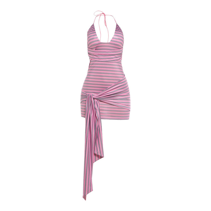 Summer Womens Striped Bodycon Dress Sexy Halter Neck Open Back Trendy Design Perfect for Parties and Night Out
