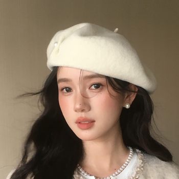 Loose Woolen Beret with Head Circumference, Sheep Wool, Milky White Bud Hat, Rich Daughter Pearl Painter Hat