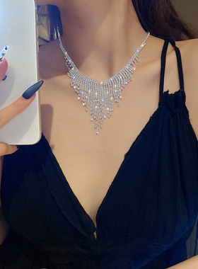欧美时尚夸张个性潮颈链春季新款镶钻流苏项链网红设计感项饰女款