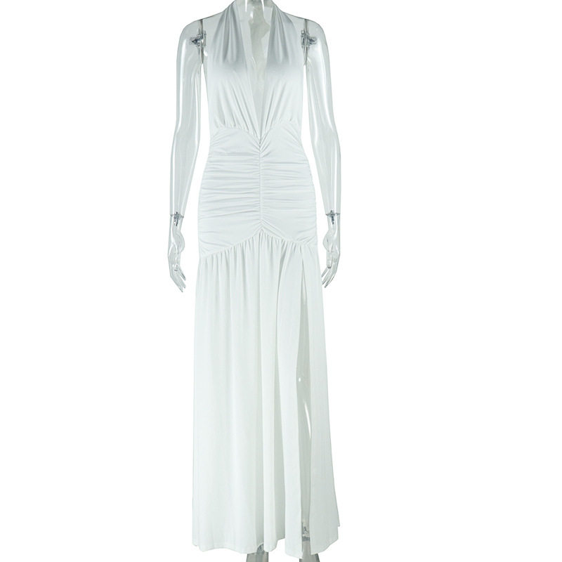 Sleeveless Deep V Neck Split Back Dress Solid Color High Slit Waist Defining Elegant Style Perfect for Parties and