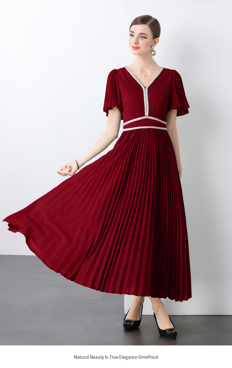 Elegant V Neck Short Sleeve Dress Rhinestone Embellished Waist Defining Pleated Long Skirt Perfect for Formal