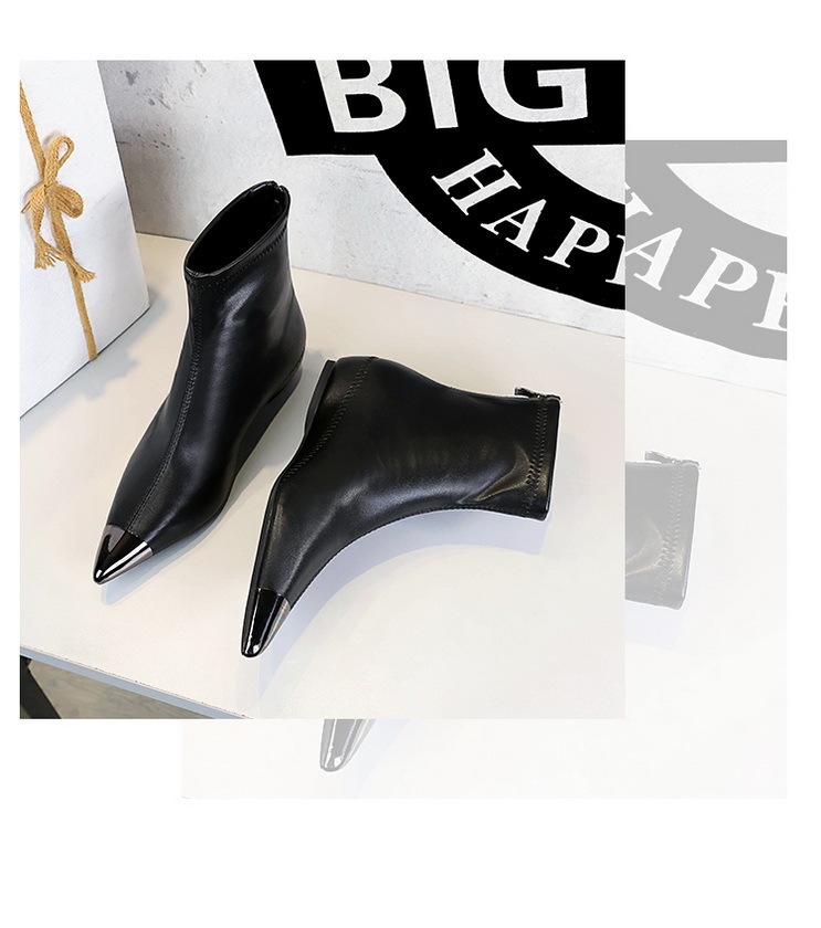 Boot nữ cổ thấp mũi nhọn khóa kéo sau, gót thấp lót lông giữ ấm — Đen lót một lớp, Màu đen lót nhung