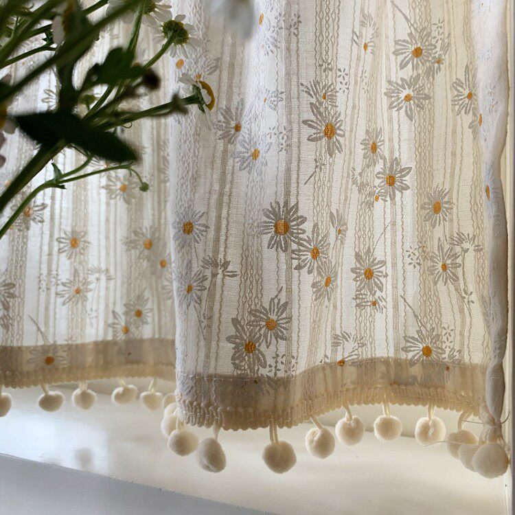 Korean Pastoral French Daisy Floral Cotton and Linen Curtain Fabric, Light-Transmitting but Not See-Through, No-Punch Magic Tape Short Curtain, Ginger Tea