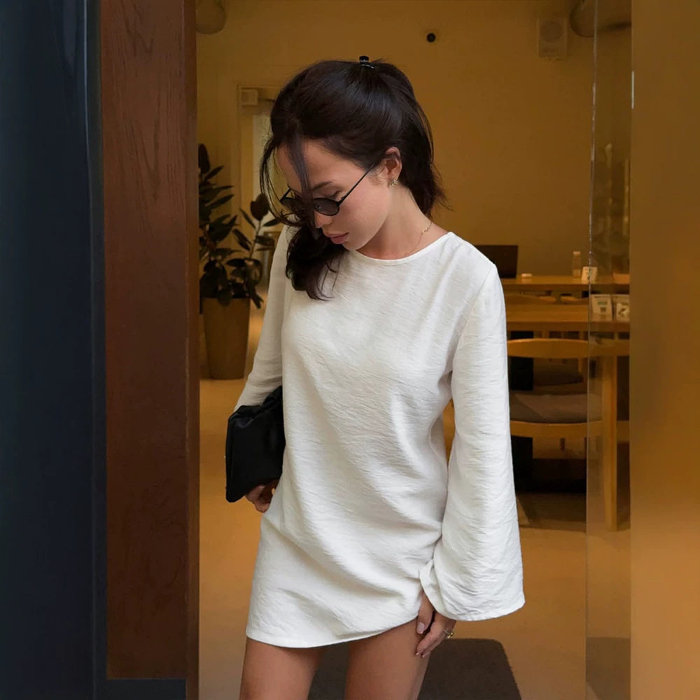 Womens Casual Loose Fit Long Sleeve Dress Simple Solid Color Fashionable Versatile Autumn Wear Wholesale Available