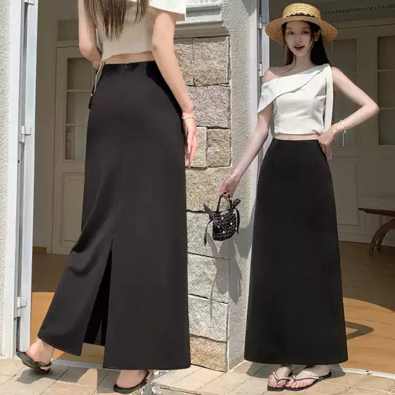 Slit Suit Skirt for Women, New Spring/Summer Style, Slimming A-Line, Black, Mid-Length, for Petite Figures