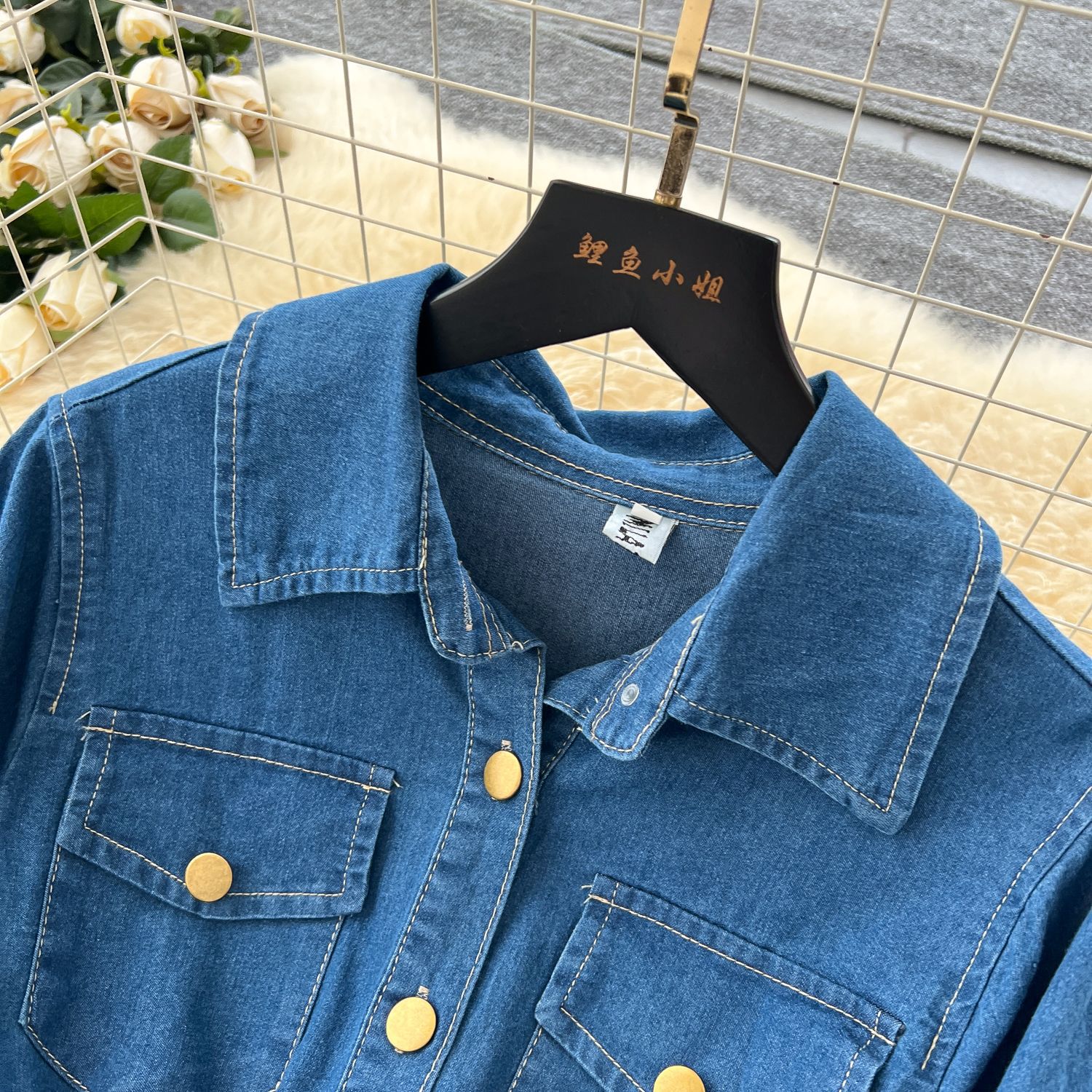 Vintage Inspired Long Sleeve Denim Dress for Women Elegant Fit Waist Tie Button Closure Pleated Design Perfect for