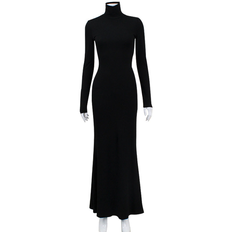 High Neck Long Sleeve Bodycon Dress Elegant Solid Color High Waist Slim Fit Perfect for Autumn and Winter Occasions
