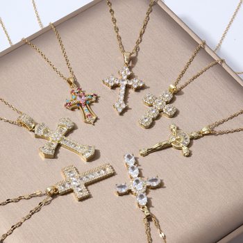 Necklace Women's Color Zircon Jewelry Niche Design Full Diamond Cross Pendant Necklace Necklace Stainless Steel Clavicle Chain