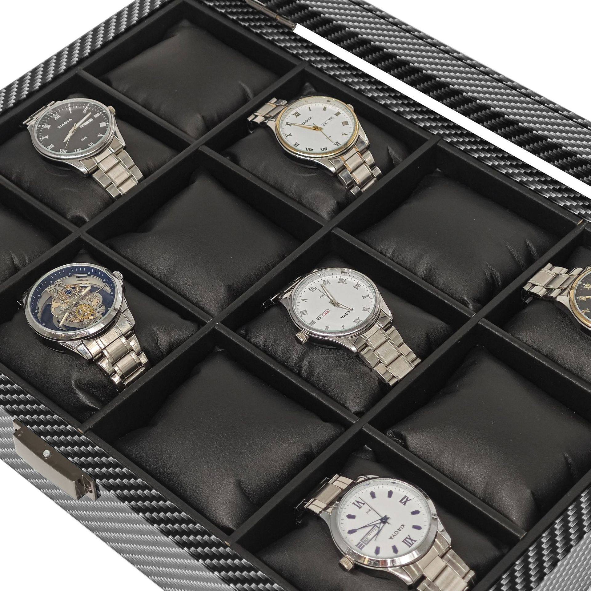 in stock wholesale carbon fiber grain wood silk cotton pillow 12 watch storage collection display box 12 watch box
