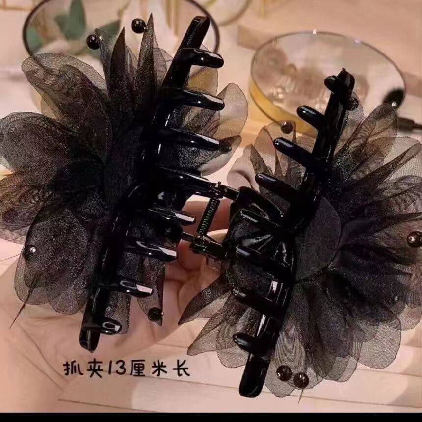 新款牡丹花羽毛网红高颜值轻奢时尚后脑勺鲨鱼洋气发夹上档次