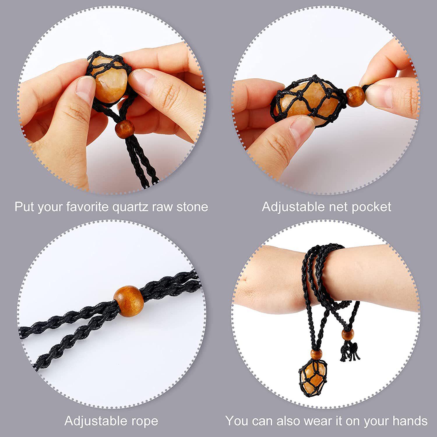 European and American Natural Stone Crystal Original Stone Mesh Pocket Woven Necklace Pendant Retro Woven Adjusting Mesh Pocket Pendant Rope