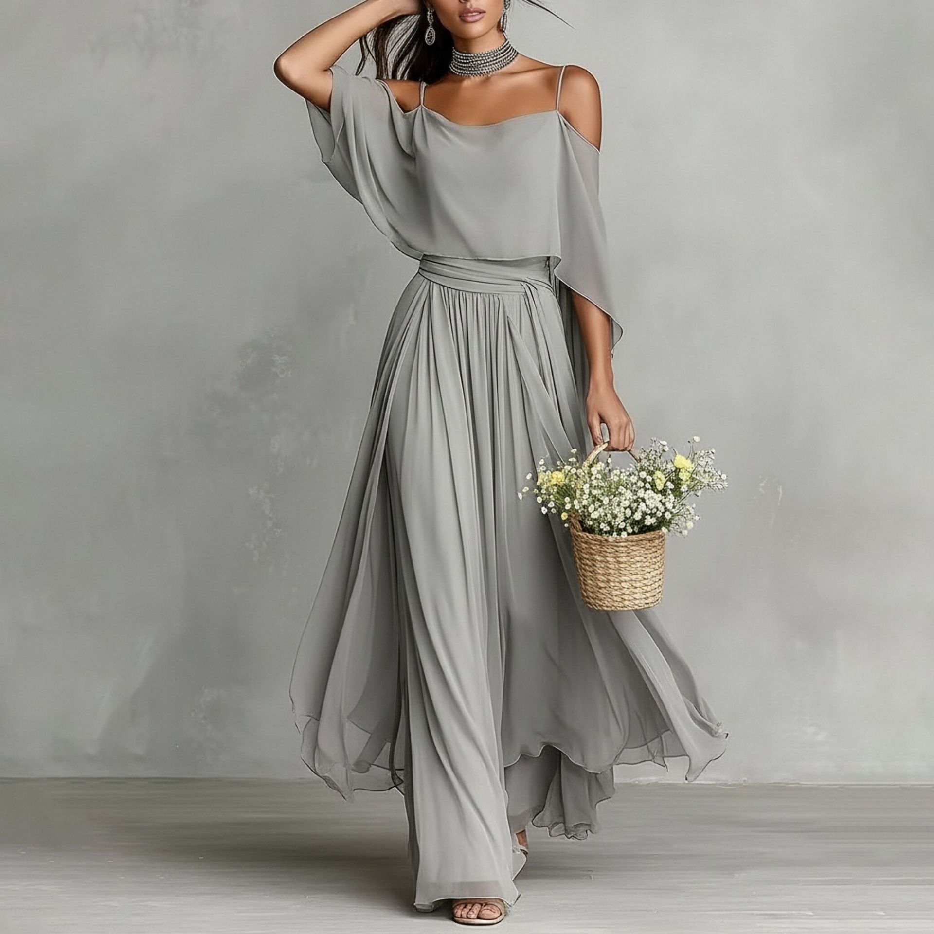 Elegant Womens Maxi Dress Lightweight Solid Color Pleated Design Mesh Details Summer Occasion Wholesale Available