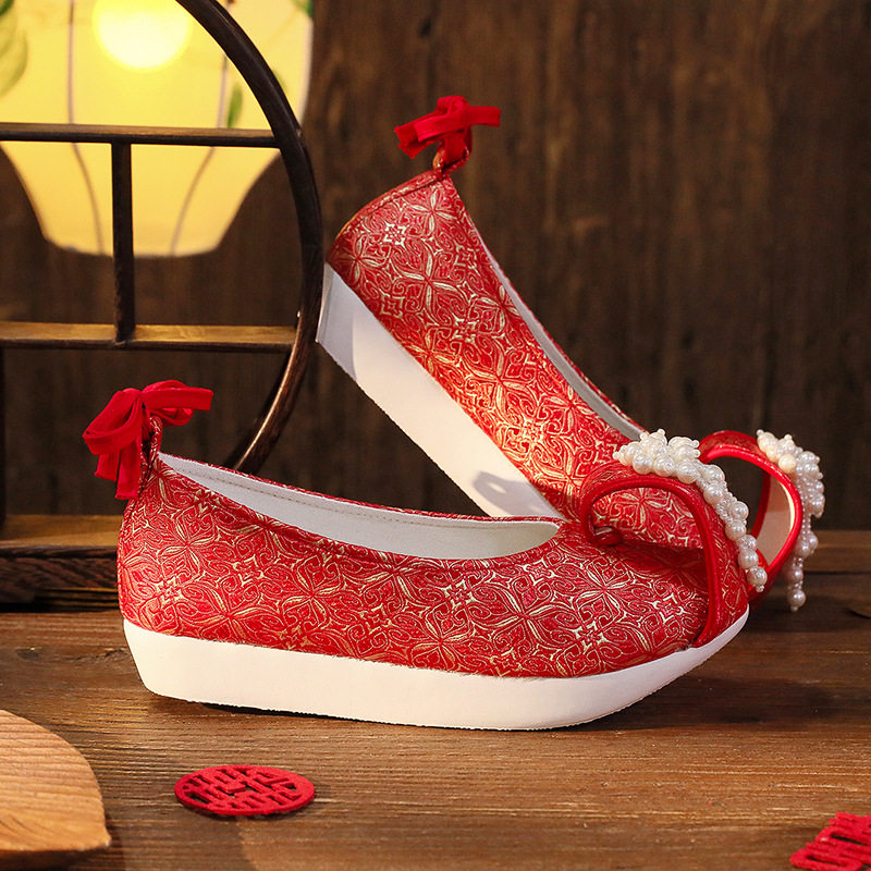[Red Fu] Pearl Flower ancient style climbing cloud toe shoes Hanfu shoes spring and summer autumn single-layer shoes Chinese bridal wedding shoes