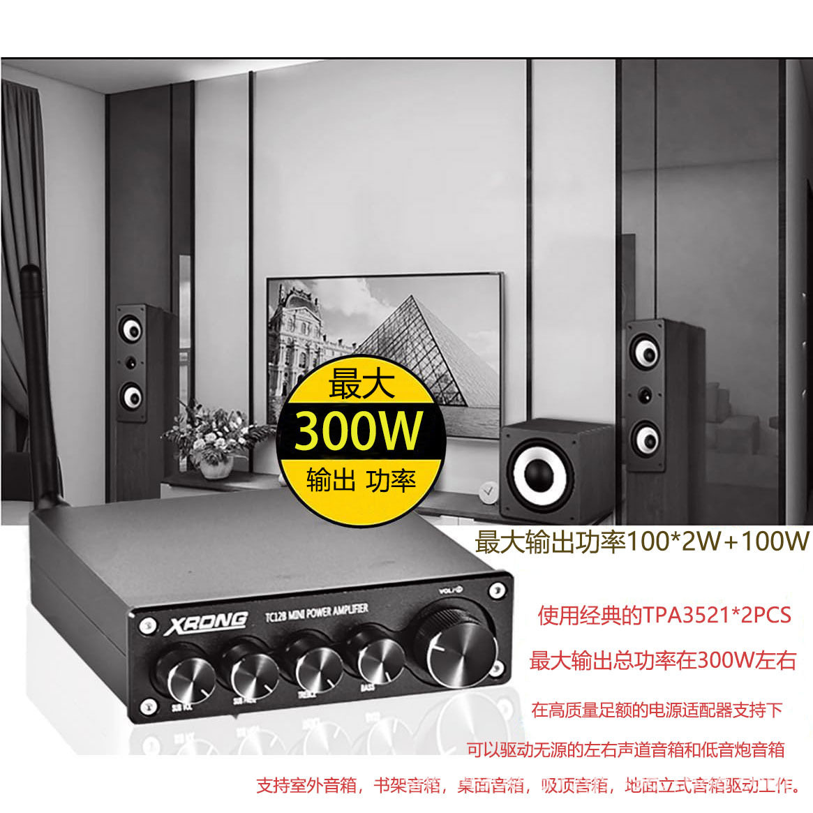 High-End Digital Bluetooth Audio Subwoofer Amplifier, 300W, Stereo High-Power Audio Amplification