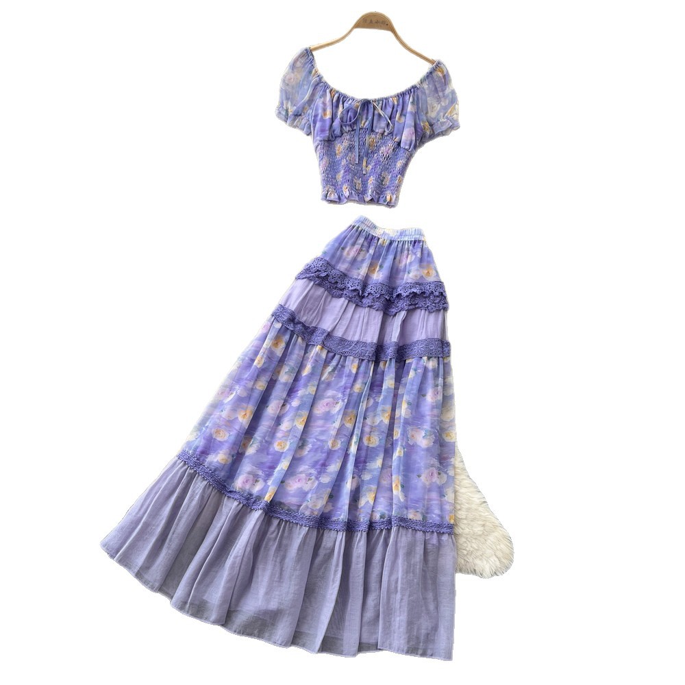 French Floral Two Piece Set Soft Fabric Waist Tie Top Mesh Cake Skirt Summer Casual Wear Wholesale Available